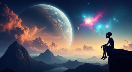 Alien contemplation under a colossal celestial body and vibrant nebula
