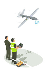 Military engineers operating an advanced UAV system with real-time data monitoring to support defense technology development and aerial surveillance missions