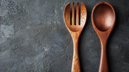 Wooden fork and spoon on dark textured surface. Kitchen utensils. Possible use Food photography, cookbook illustration