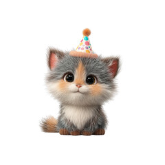 Adorable Kitten in Party Hat, 3D Rendered Cute Cat