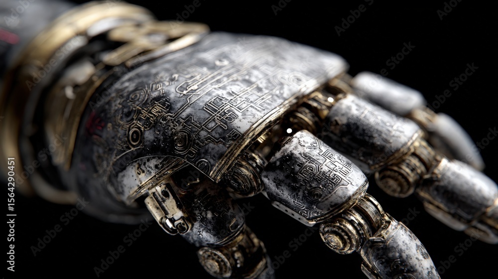 Poster Highly detailed close-up of a futuristic robotic hand with intricate mechanical joints and metallic surface reflecting light on black background