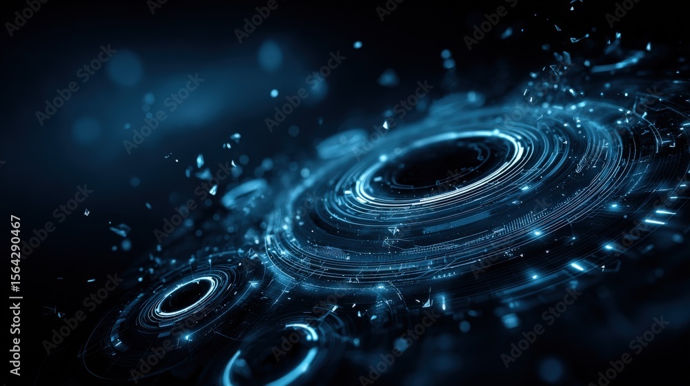 Poster Futuristic digital technology abstract background with glowing circular patterns and dynamic light effects in deep blue tones