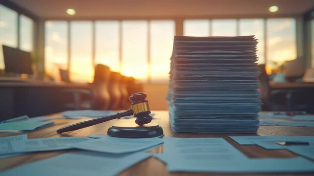 Gavel & stack of papers on desk with sunrise backdrop