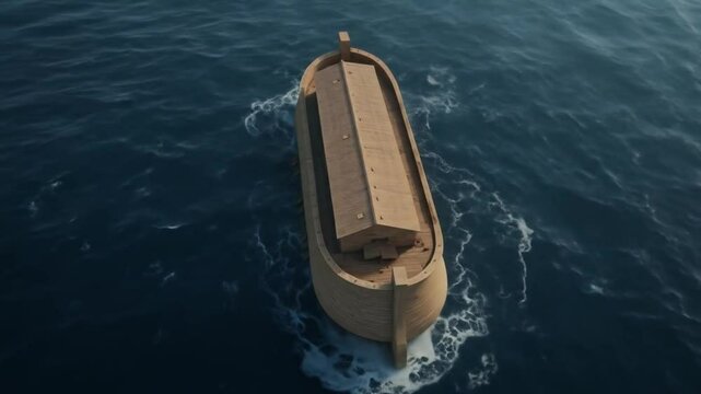 Noah's ark sailing on the open sea in the midst of the flood announced by God in the story told in the Holy Bible.