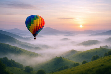 Colorful hot air balloon drifting over misty green mountain valleys at sunrise image