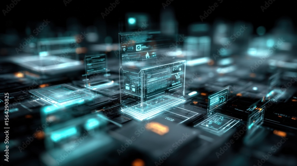 Poster Futuristic digital technology interface with holographic 3D data visualization and glowing data charts in a high-tech virtual environment