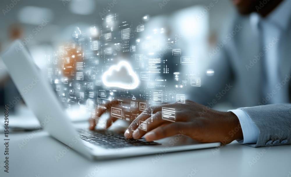 Poster Business Professional Working on Laptop with Cloud Computing and Data Technology Icons in Digital Environment