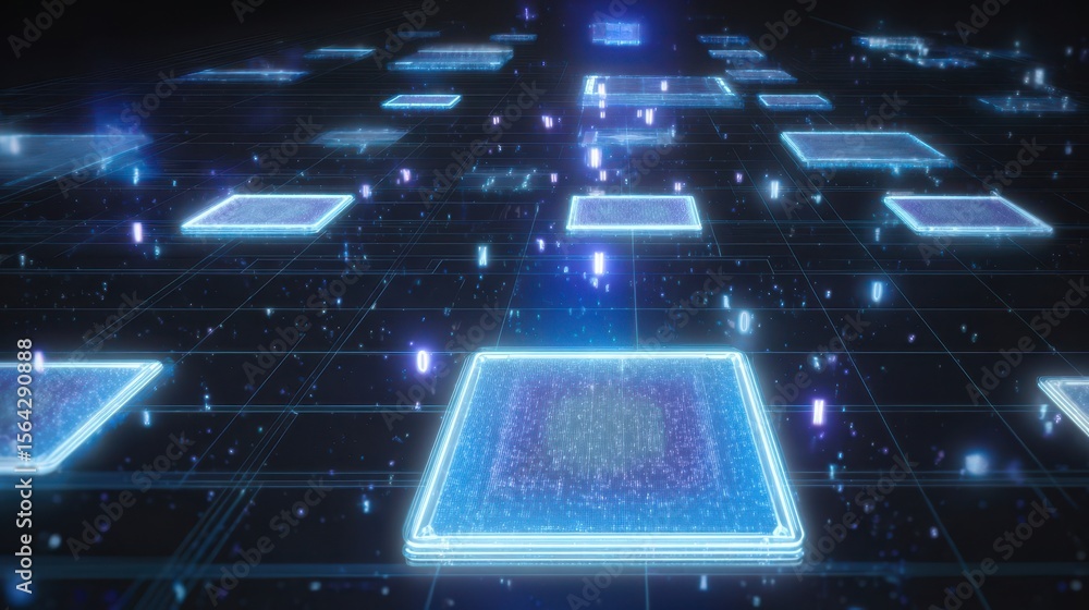 Poster digital network of glowing processors.