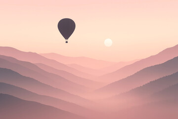 Fototapeta premium Dark hot air balloon floating over pink misty mountain layers at sunrise misty mountains