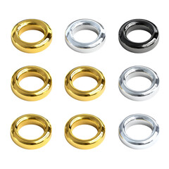 An array of three dimensional metallic rings in gold silver and black displayed creatively isolated on white transparent background PNG
