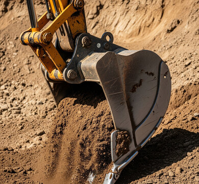 xcavator Bucket Digging Soil on a Sunny Construction Site