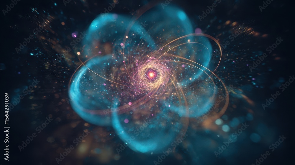 Poster abstract design with swirling patterns and luminous particles.