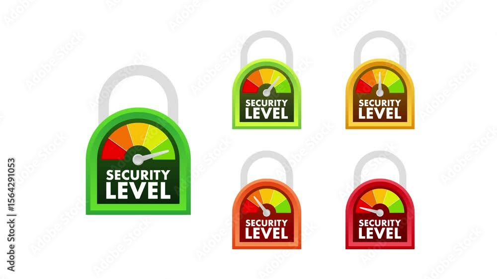 Poster padlock security level indicator changing on white and blue background