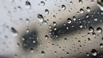 Raindrops on a Window: A Close-Up of Water Droplets with Abstract Reflections, Tranquil Rain: Detailed Water Droplets Clinging to Glass with Serene, Out-of-Focus Background