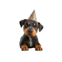 Adorable Rottweiler Puppy Wearing a Party Hat Covered in Sprinkles