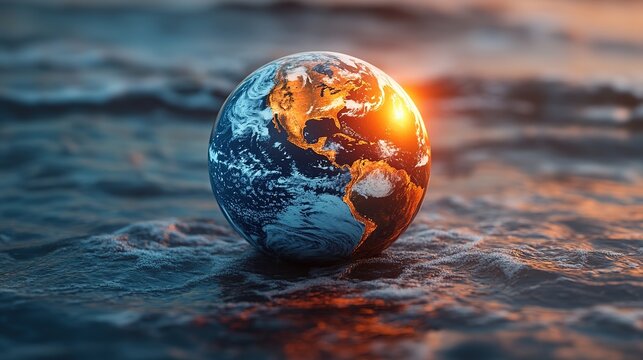 A 3D Model of the Earth with a Glowing Sunlight Effect Floating on the Ocean Waves