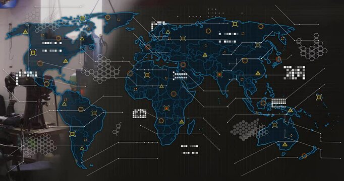 Production technicians loading parts and showing world map overlay linking global nodes