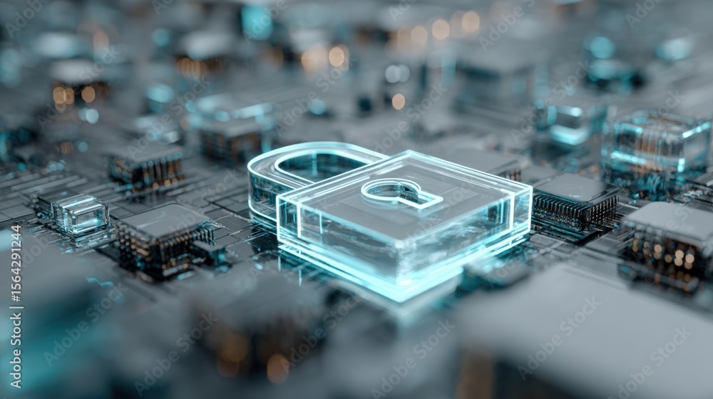 Poster High Tech Computer Circuit Board with Transparent Digital Lock and Security Elements for Data Protection and Cyber Security Concept