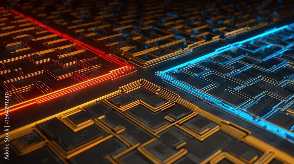Poster intricate circuit board design with glowing lines.