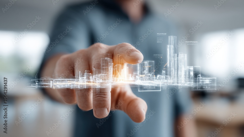 Aufkleber Modern digital technology interface with holographic cityscape projection integrated with futuristic data visualization and hand gesture control