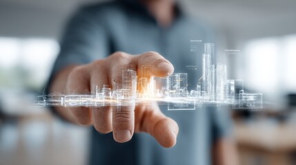 Modern digital technology interface with holographic cityscape projection integrated with futuristic data visualization and hand gesture control