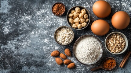 Baking ingredients arranged on a textured surface