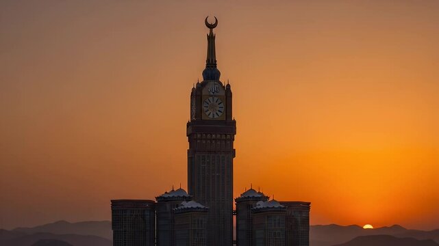 Architectural sunrise silhouette of a tall clock tower and buildings