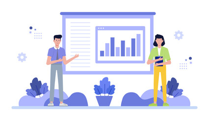 Ideal for business presentations and financial reports two individuals showcasing a bar graph, illustrating progress and statistics visually.