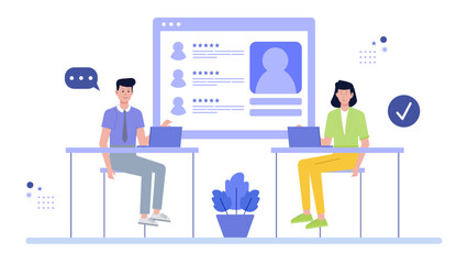 Two people analyzing online customer feedback. Suitable for business presentations, marketing materials, social media posts, and customer service concepts.