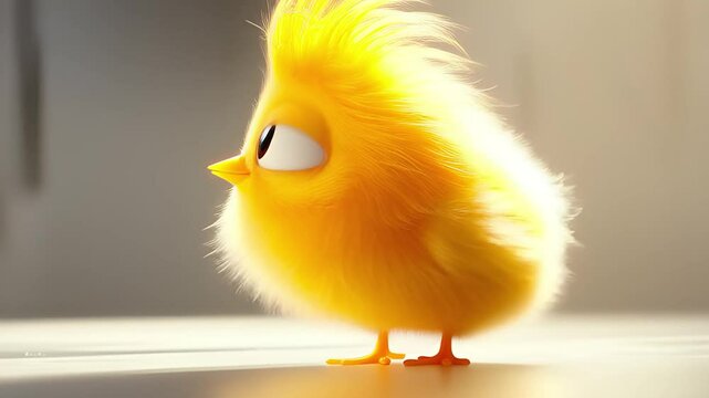 Cute Yellow Fluffy Bird Character Standing On Light Surface with Bright Background