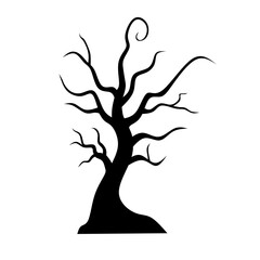 Spooky black silhouette of a twisted, leafless tree on a white background. Great for Halloween themes, horror elements, haunted landscapes, or eerie forest designs