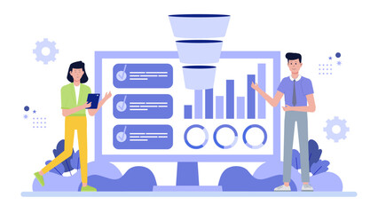 Businesspeople examine sales funnel data for strategic decisions. Suitable for marketing, data analysis, business strategy, sales presentations, and reports.