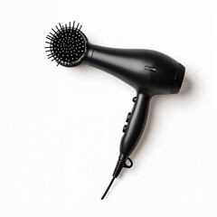 Hair dryer with round brush and styling spray.