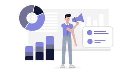 Man demonstrating data charts and a graph. Suitable for presentations, business reports, financial analysis, statistics, and infographics design projects.