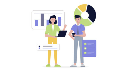 Two coworkers collaborating over data charts and checklist. Suitable for business presentations, teamwork concepts, office settings, and strategic planning content.