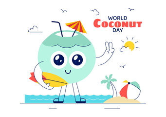 World Coconut Day Vector Illustration on September 2nd featuring Coconut Trees, Flowers, Tropical Leaves, and a Beach in a Flat Style Background