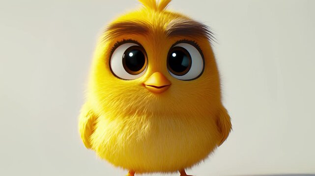 Cute Animated Baby Chick with Big Eyes Looking Curiously at Camera in Bright Studio