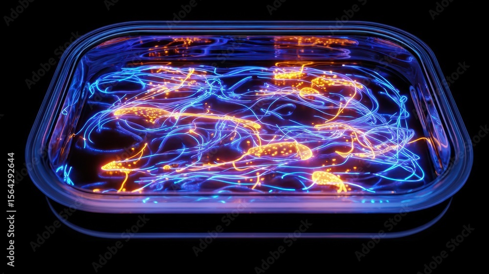 Poster abstract illustration of glowing threads in a container.