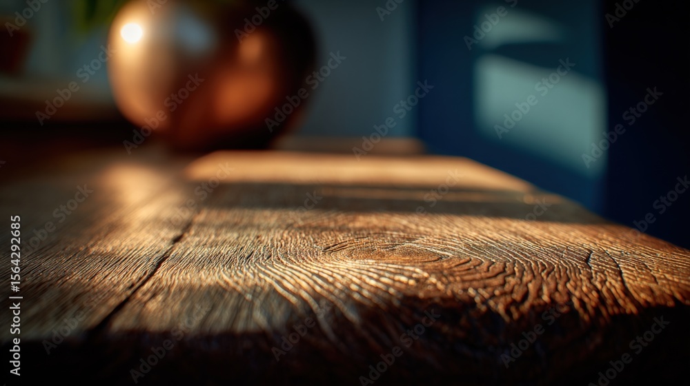 Aufkleber close-up shot of a rustic wooden table with detailed grain texture and a blurred background featu a 