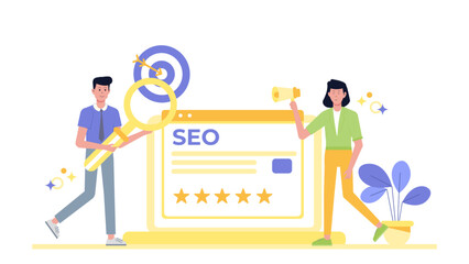 Two individuals promote SEO online, aiming for five star reviews and top rankings. Suitable for websites, blogs, social media campaigns promoting SEO services and techniques.