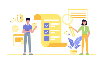 Two people review a checklist with a magnifying glass. Perfect for business, teamwork, quality control concepts in presentations and designs.