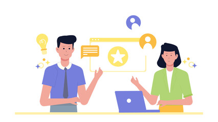 Two colleagues working together, brainstorming project ideas. Suitable for business presentations, teamwork concepts, collaboration illustrations, and corporate marketing materials.