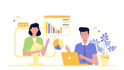 Virtual meeting with charts and a laptop perfect for presentations, online conferences, webinars, business meetings, remote work concepts.