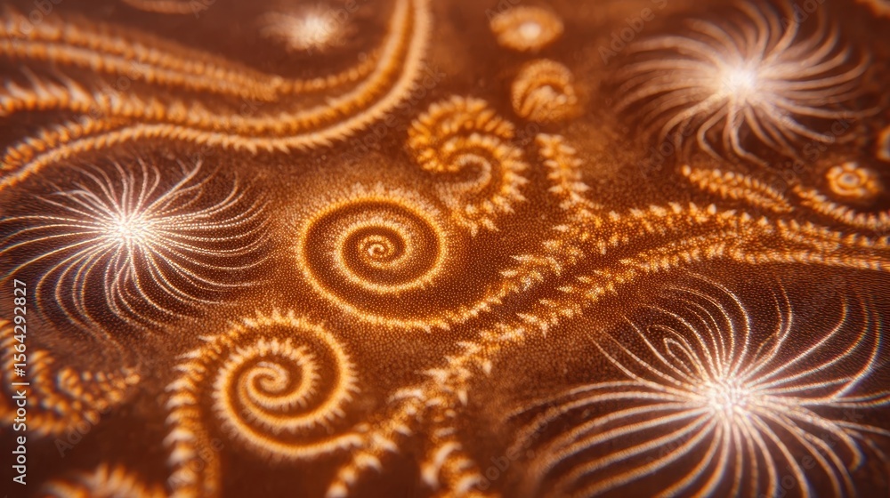 Aufkleber intricate, repeating patterns of spirals and radiating lines on a deep brown surface.