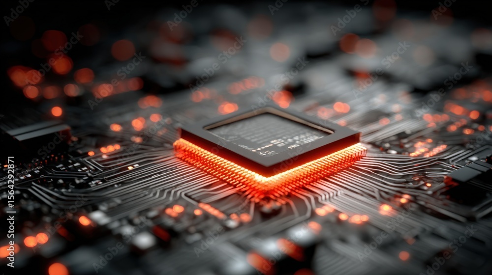 Poster Close-up of a modern computer microprocessor chip illuminated with red lighting on a circuit board with electronic components and glowing connectors