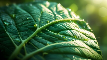 Green Leaf Veins Macro with Dew Drops in Forest Light