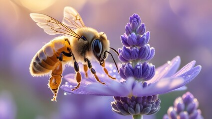 Honeybee on Lavender Flower Macro with Pollen Details