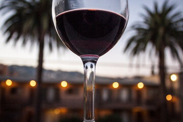Red Wine Glass Framed by Palm Trees Lights and the Hollywood Hills