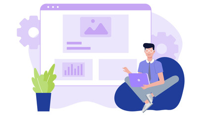 Man working on laptop beside website design, perfect for technology blogs, internet marketing visuals, remote work concepts, digital design projects.