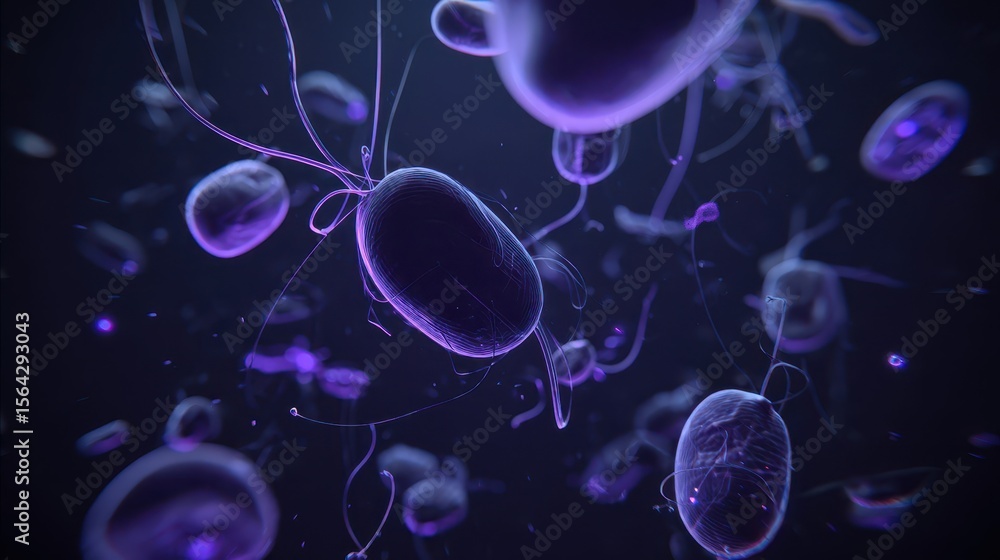 Poster abstract representation of microscopic organisms in a dark environment.